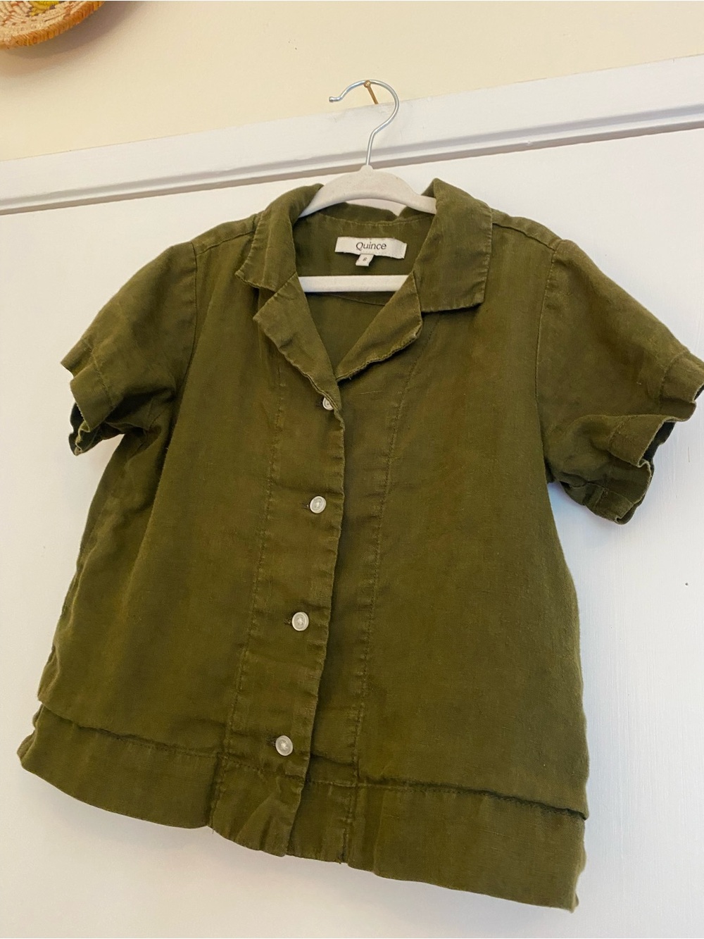 Quince Olive Green Short-Sleeve Button-Front Kids Shirt